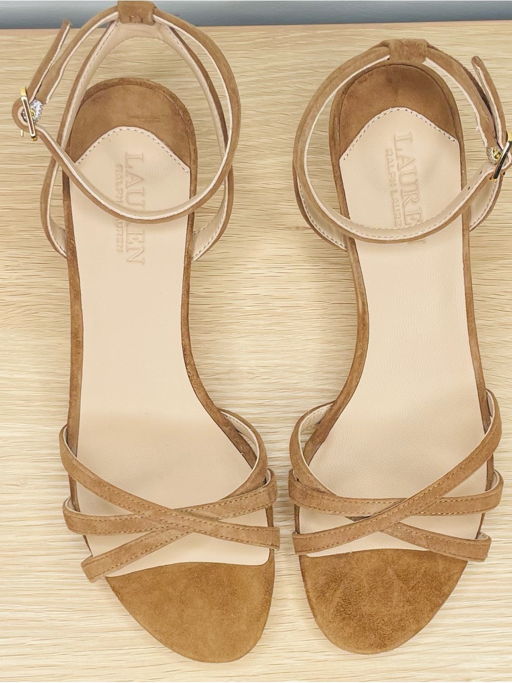 NWOT LAUREN Ralph Lauren Tan Suede Strappy Ankle-Wrap Heels